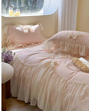 Pure Cotton Ribbon Bow Lace Ruffle Bedding Set - Pink
