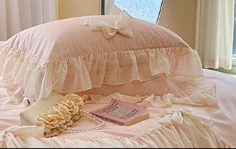 Pure Cotton Ribbon Bow Lace Ruffle Bedding Set - Pink