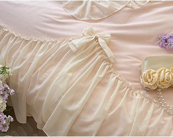 Pure Cotton Ribbon Bow Lace Ruffle Bedding Set - Pink