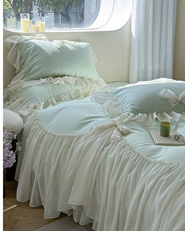 Pure Cotton Ribbon Bow Lace Ruffle Bedding Set - Mint Green