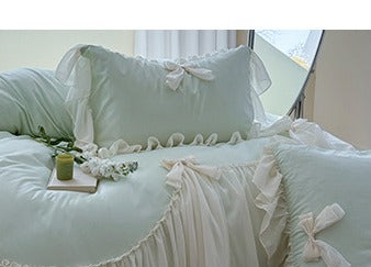 Pure Cotton Ribbon Bow Lace Ruffle Bedding Set - Mint Green