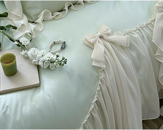 Pure Cotton Ribbon Bow Lace Ruffle Bedding Set - Mint Green