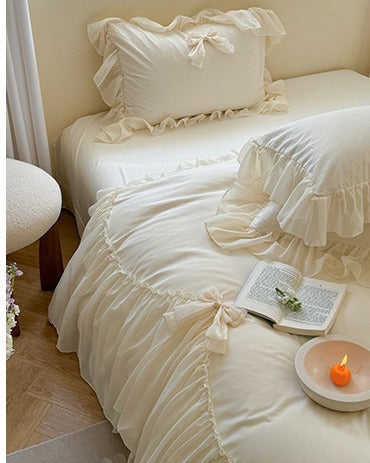 Pure Cotton Ribbon Bow Lace Ruffle Bedding Set - Cream