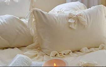 Pure Cotton Ribbon Bow Lace Ruffle Bedding Set - Cream