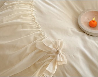 Pure Cotton Ribbon Bow Lace Ruffle Bedding Set - Cream