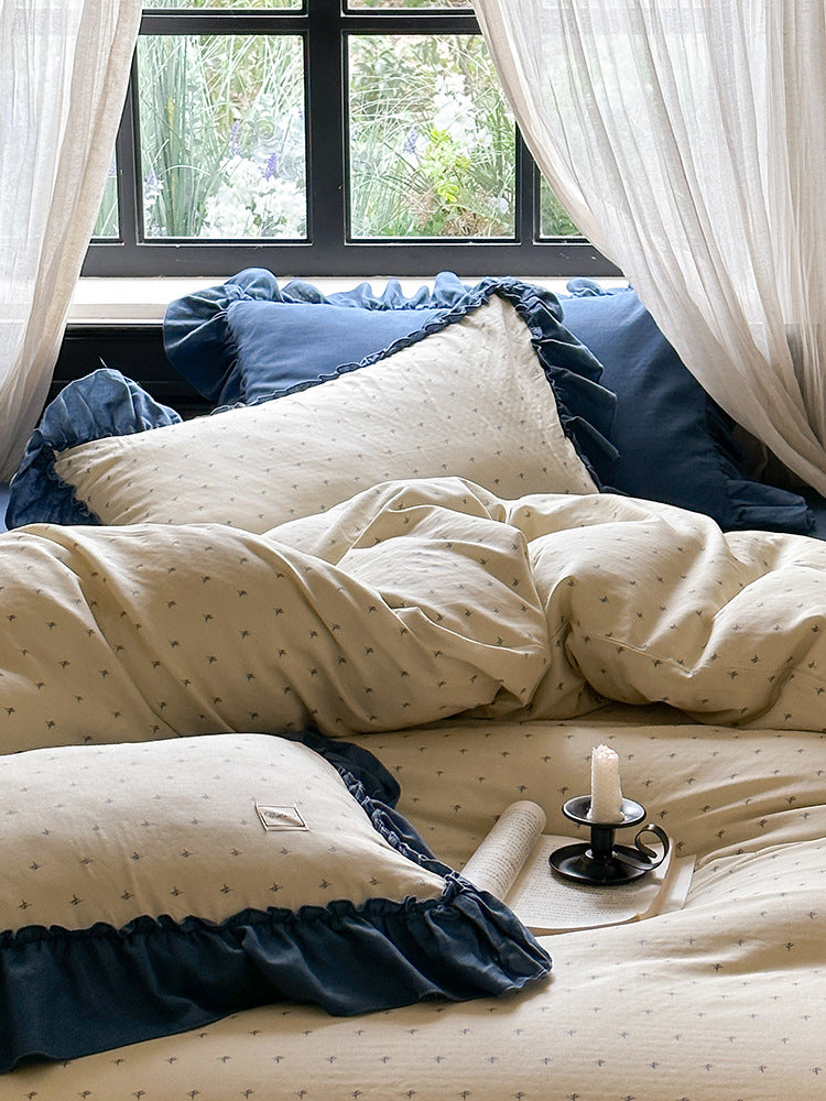 Fleurette Ruffled Double Gauze Bedding Set - Cobalt Bloom