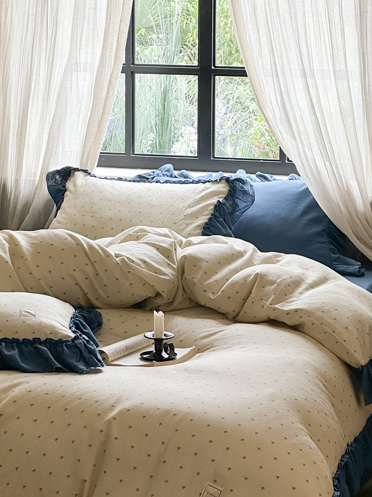 Fleurette Ruffled Double Gauze Bedding Set - Cobalt Bloom