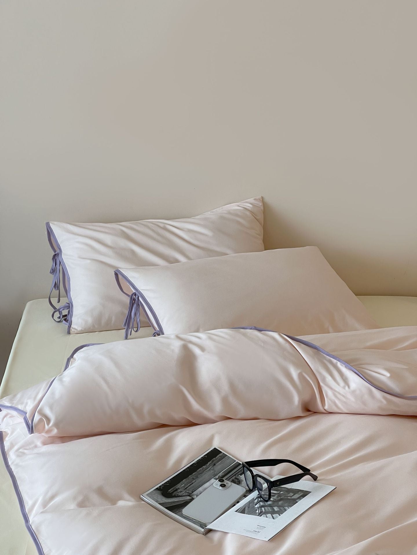 Cotton Tie-Knot Solid Bedding Set - Pink with Purple Ties