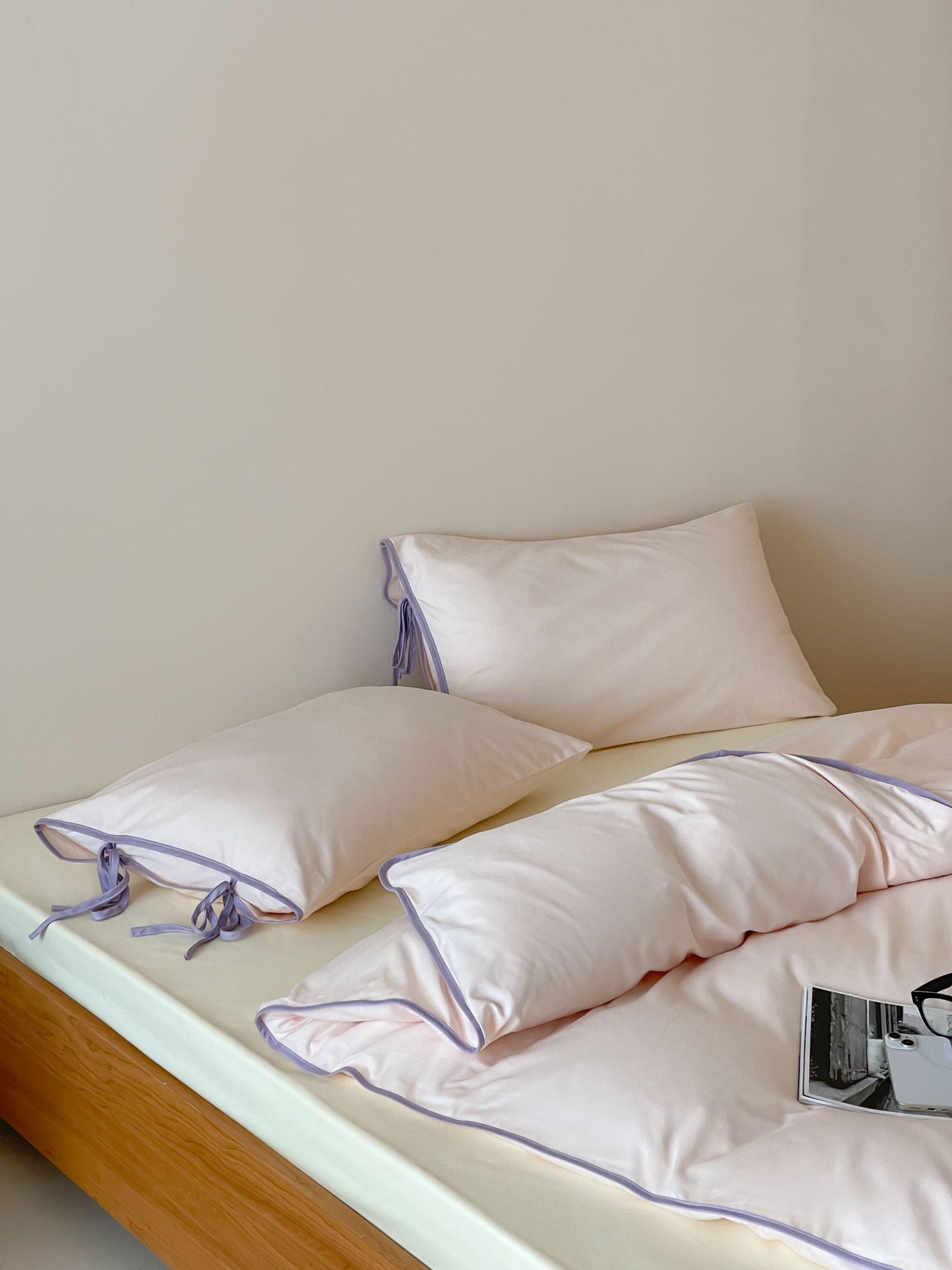 Cotton Tie-Knot Solid Bedding Set - Pink with Purple Ties