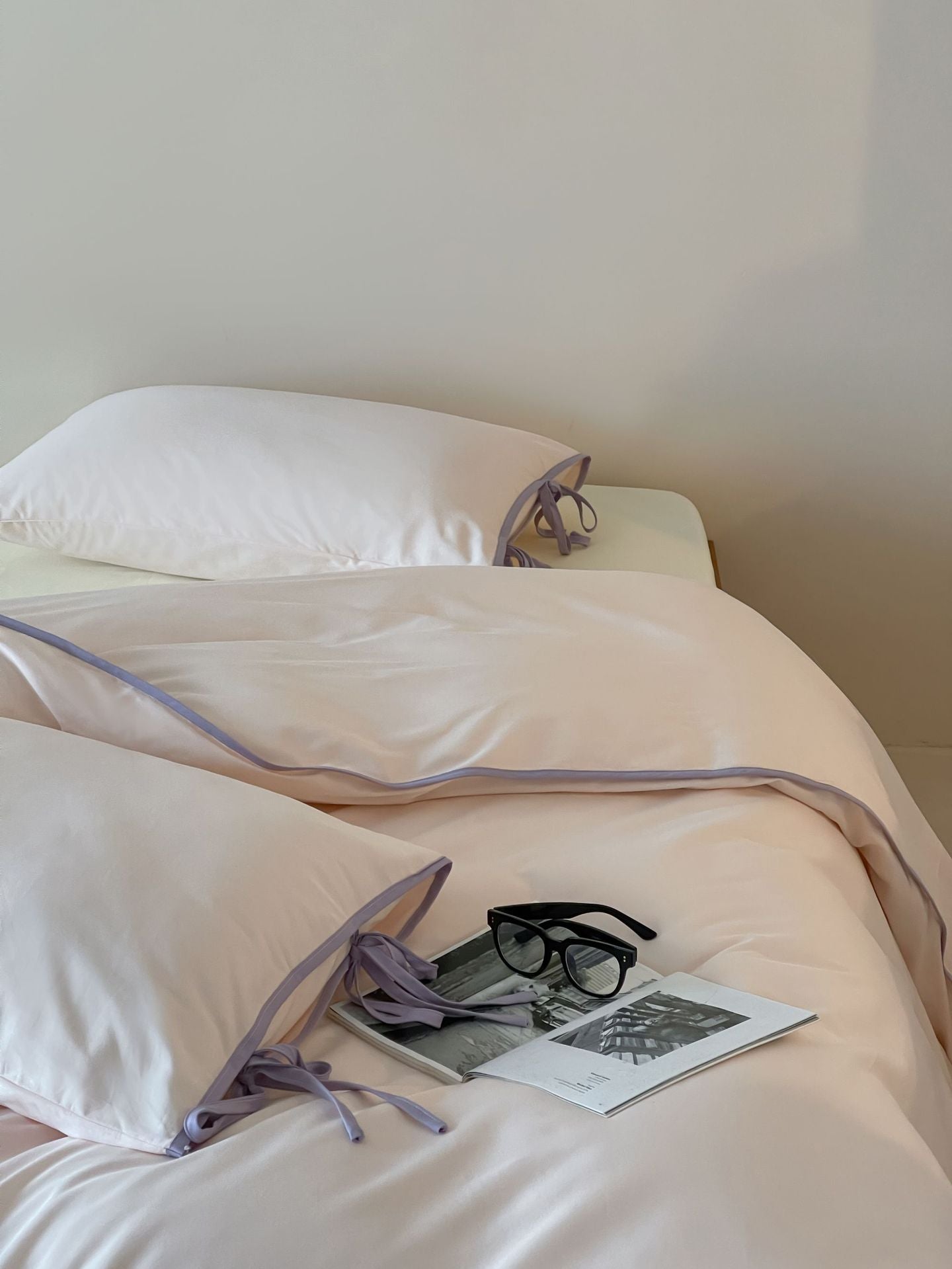 Cotton Tie-Knot Solid Bedding Set - Pink with Purple Ties