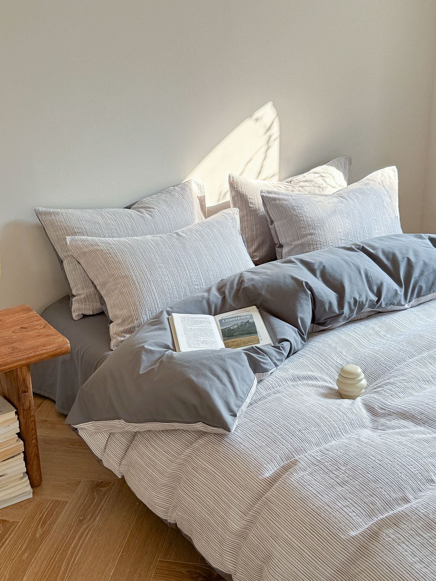 Maribel Striped Washed Cotton Bedding Set - Mist Grey