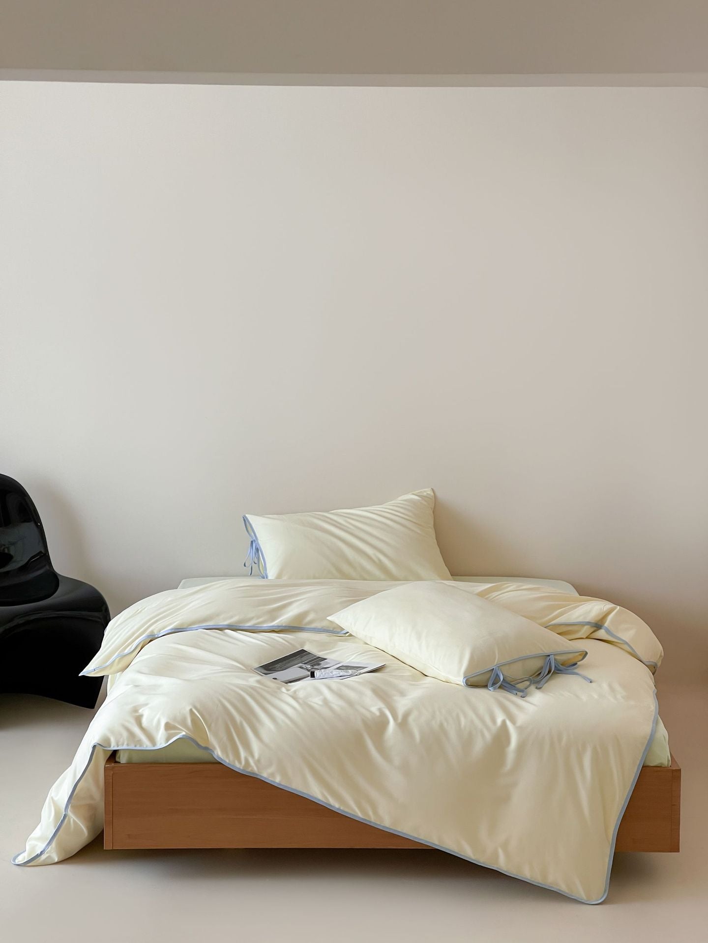 Cotton Tie-Knot Solid Bedding Set - Cream with Blue Ties