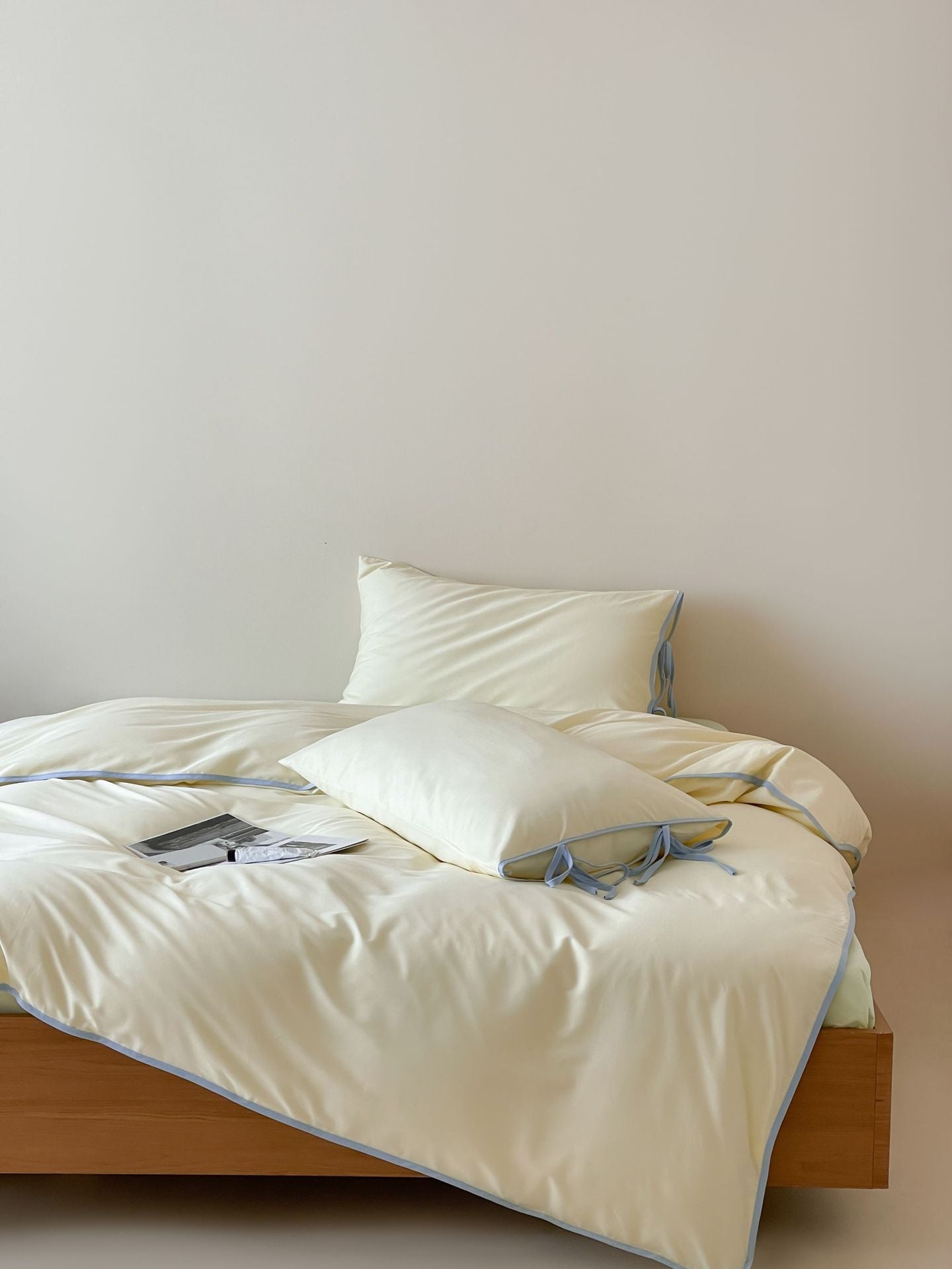 Cotton Tie-Knot Solid Bedding Set - Cream with Blue Ties