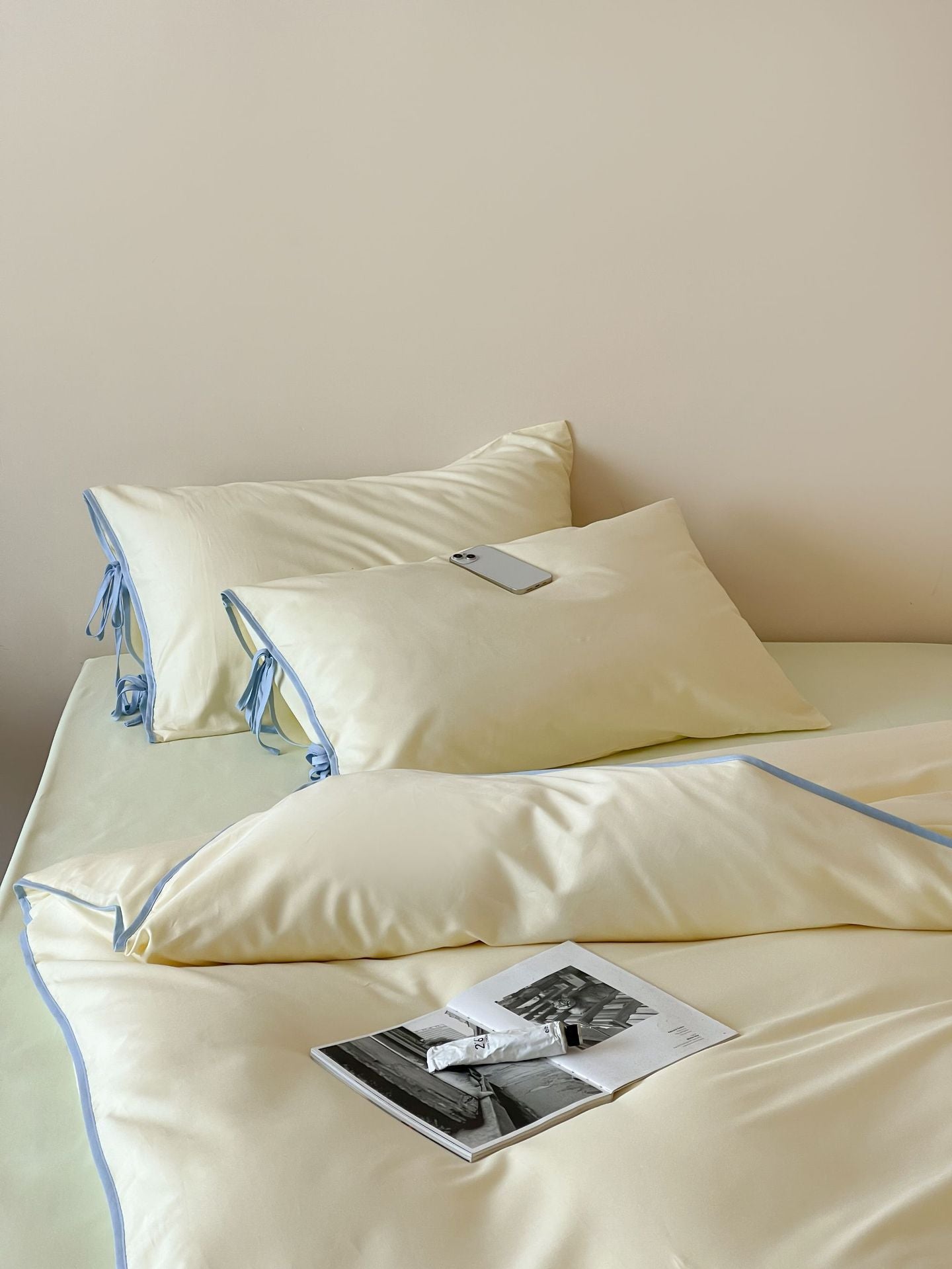 Cotton Tie-Knot Solid Bedding Set - Cream with Blue Ties