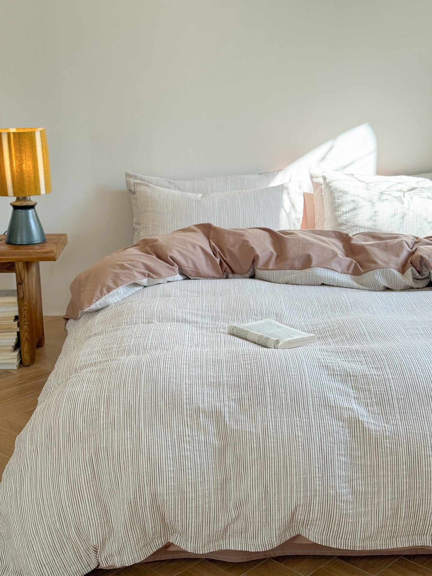 Maribel Striped Washed Cotton Bedding Set - Mocha Brown