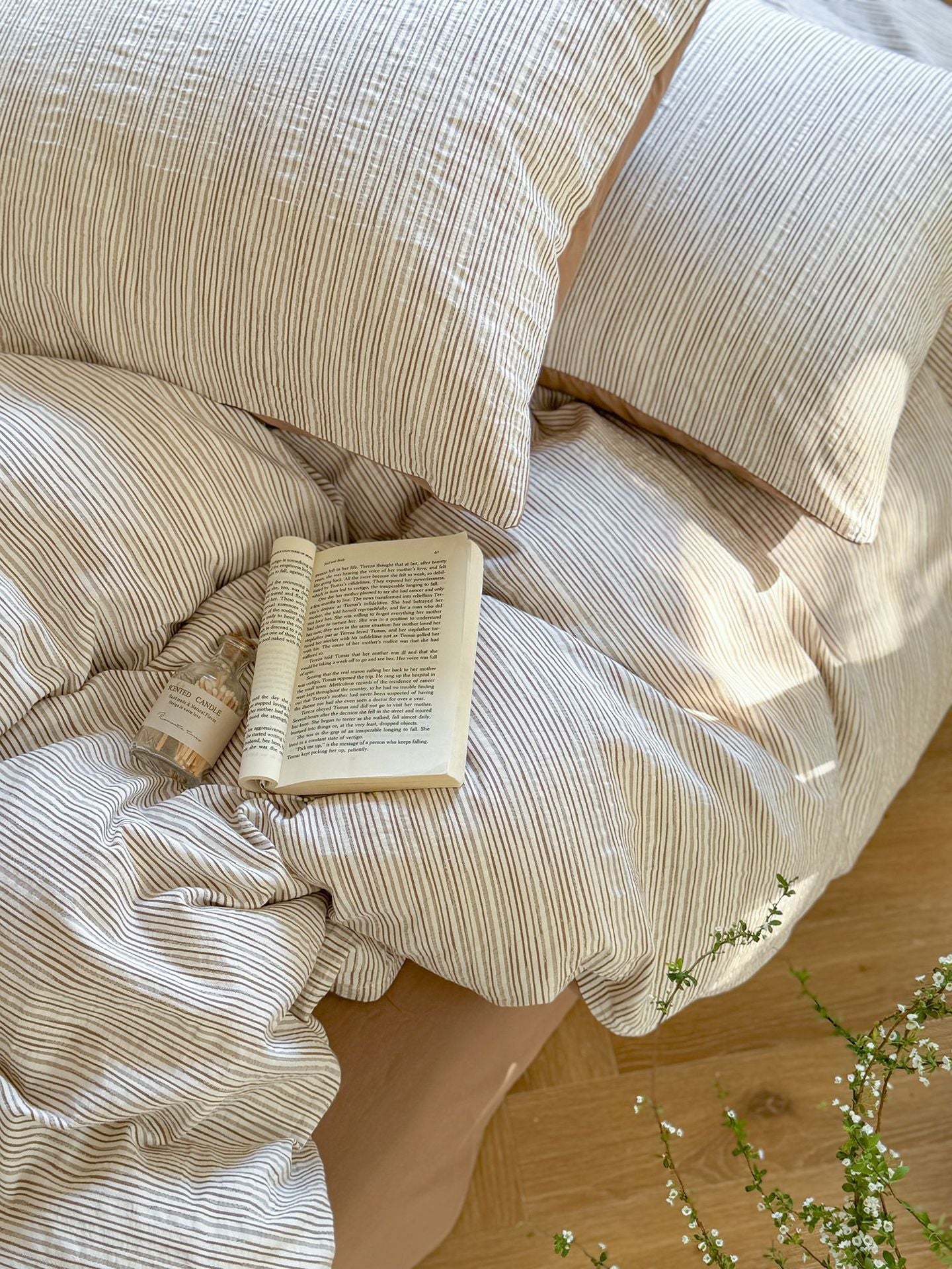 Maribel Striped Washed Cotton Bedding Set - Mocha Brown