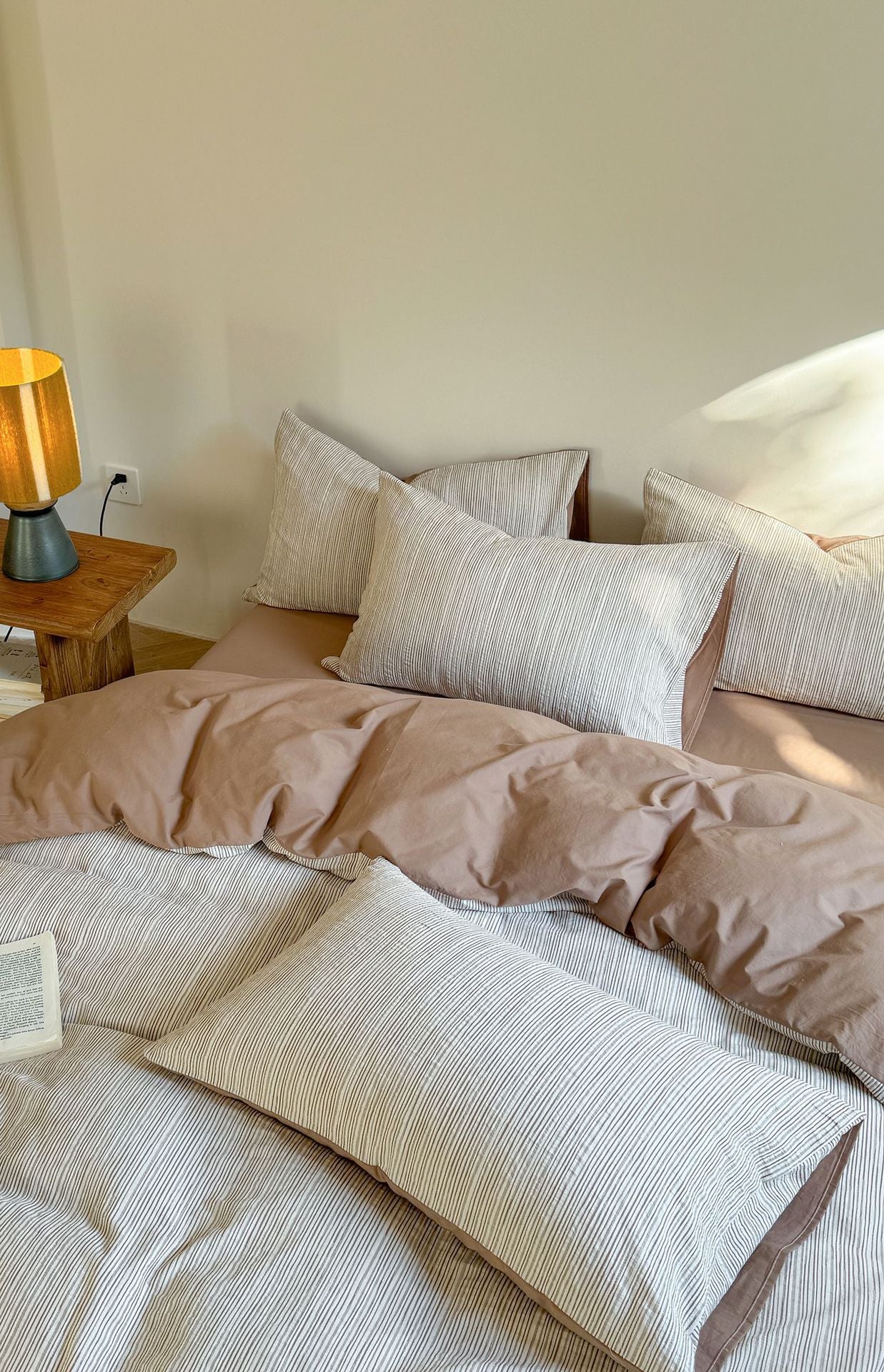 Maribel Striped Washed Cotton Bedding Set - Mocha Brown