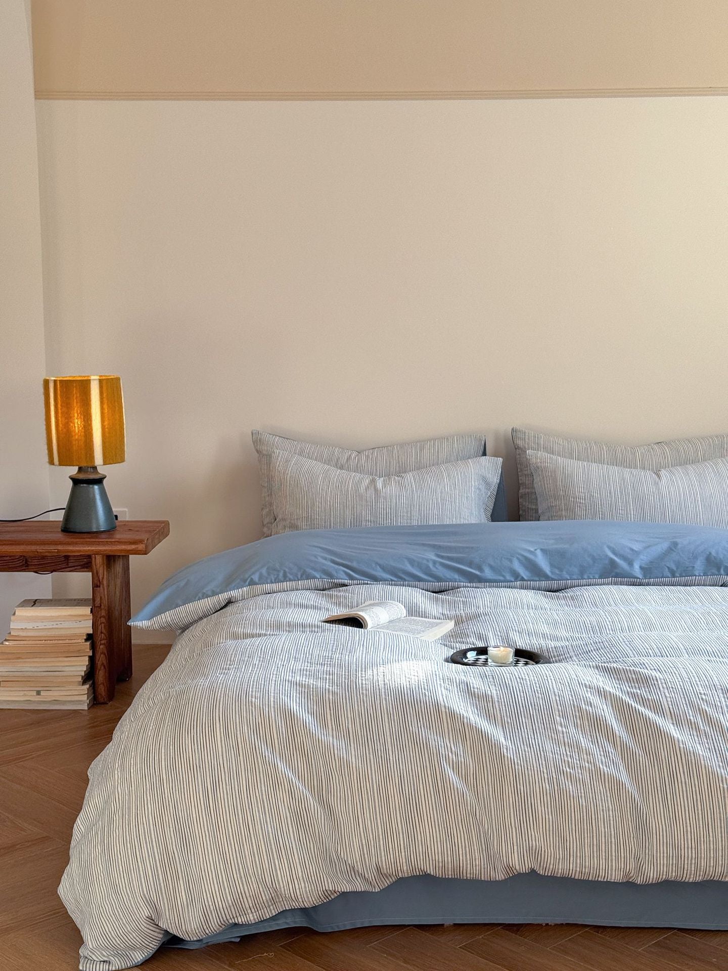 Maribel Striped Washed Cotton Bedding Set - Sky Blue