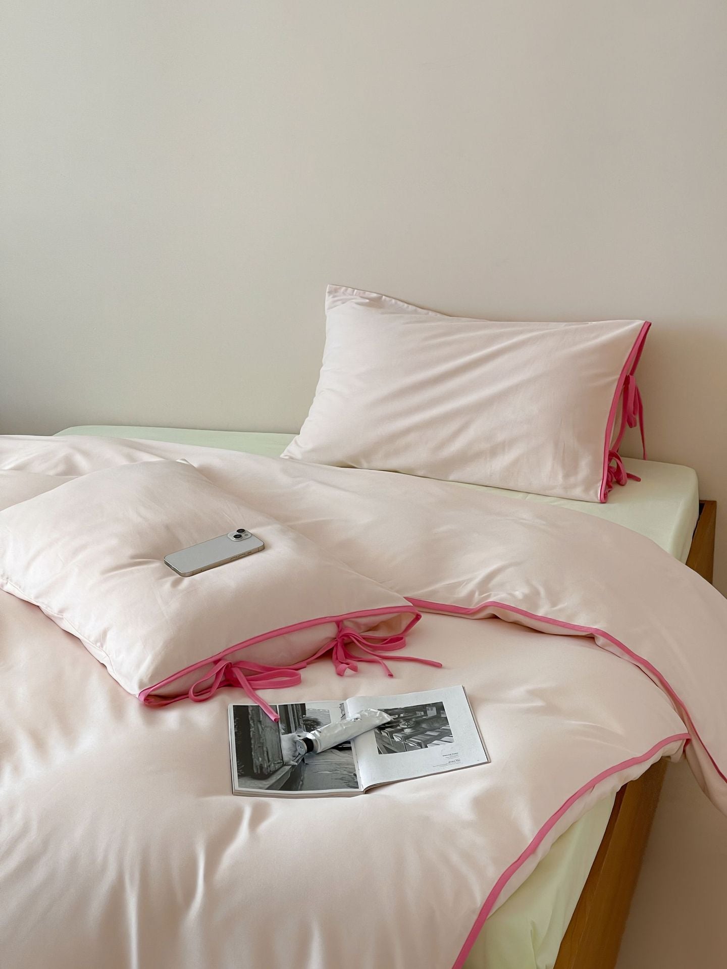Cotton Tie-Knot Solid Bedding Set - Pink with Barbie Pink Ties