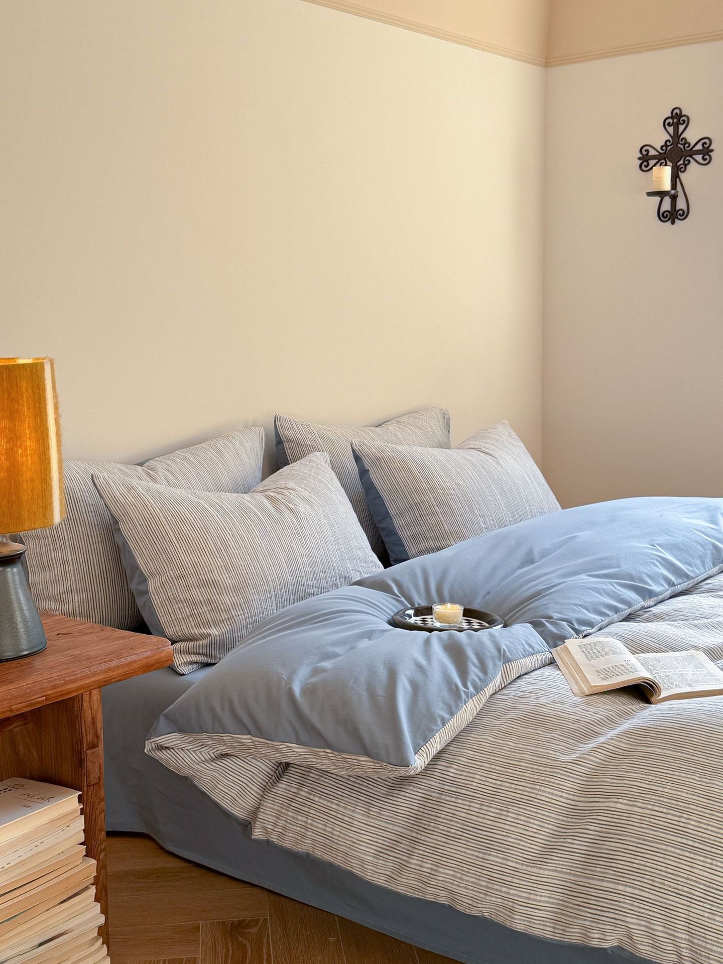 Maribel Striped Washed Cotton Bedding Set - Sky Blue