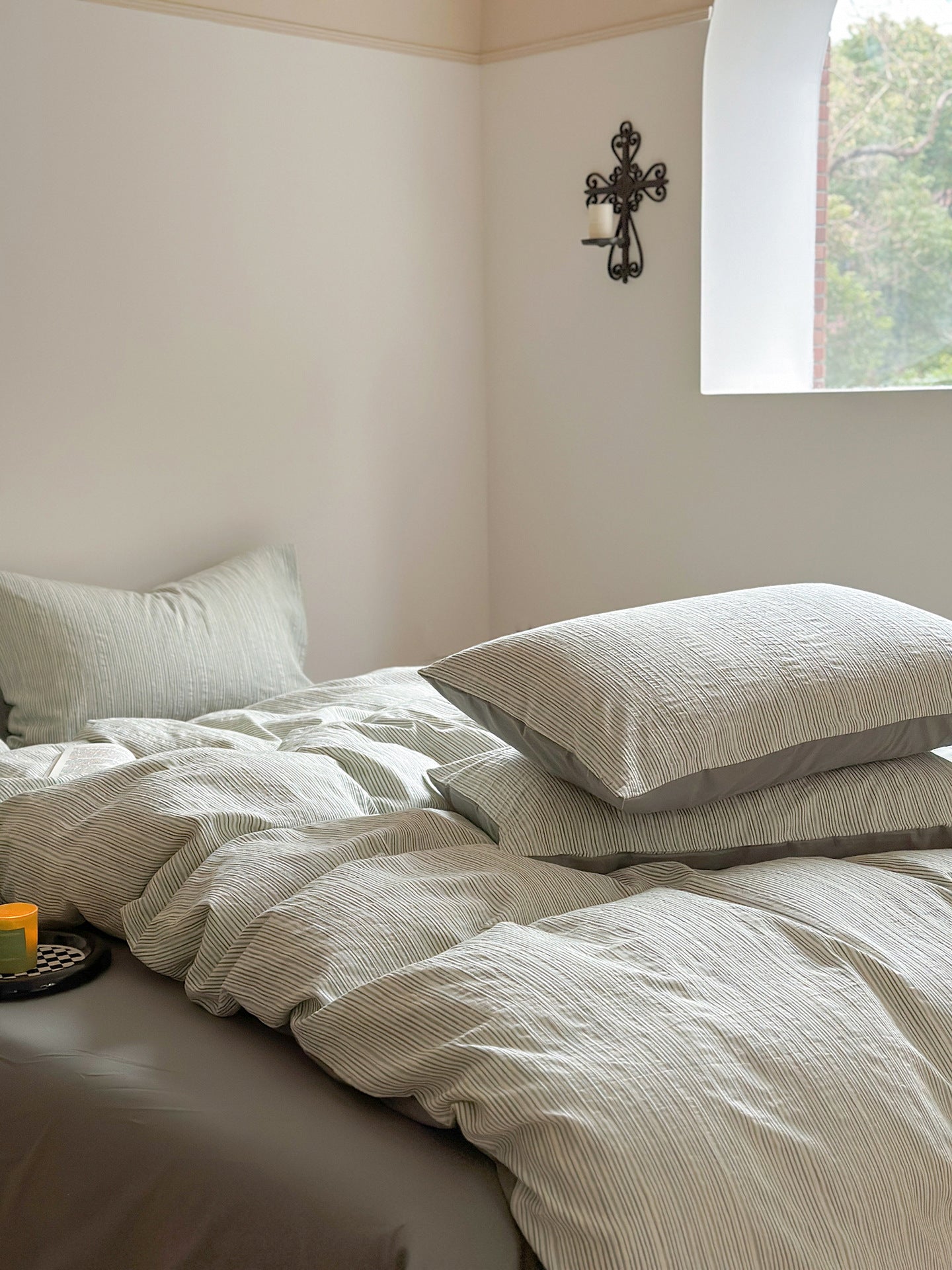 Maribel Striped Washed Cotton Bedding Set - Sage Green