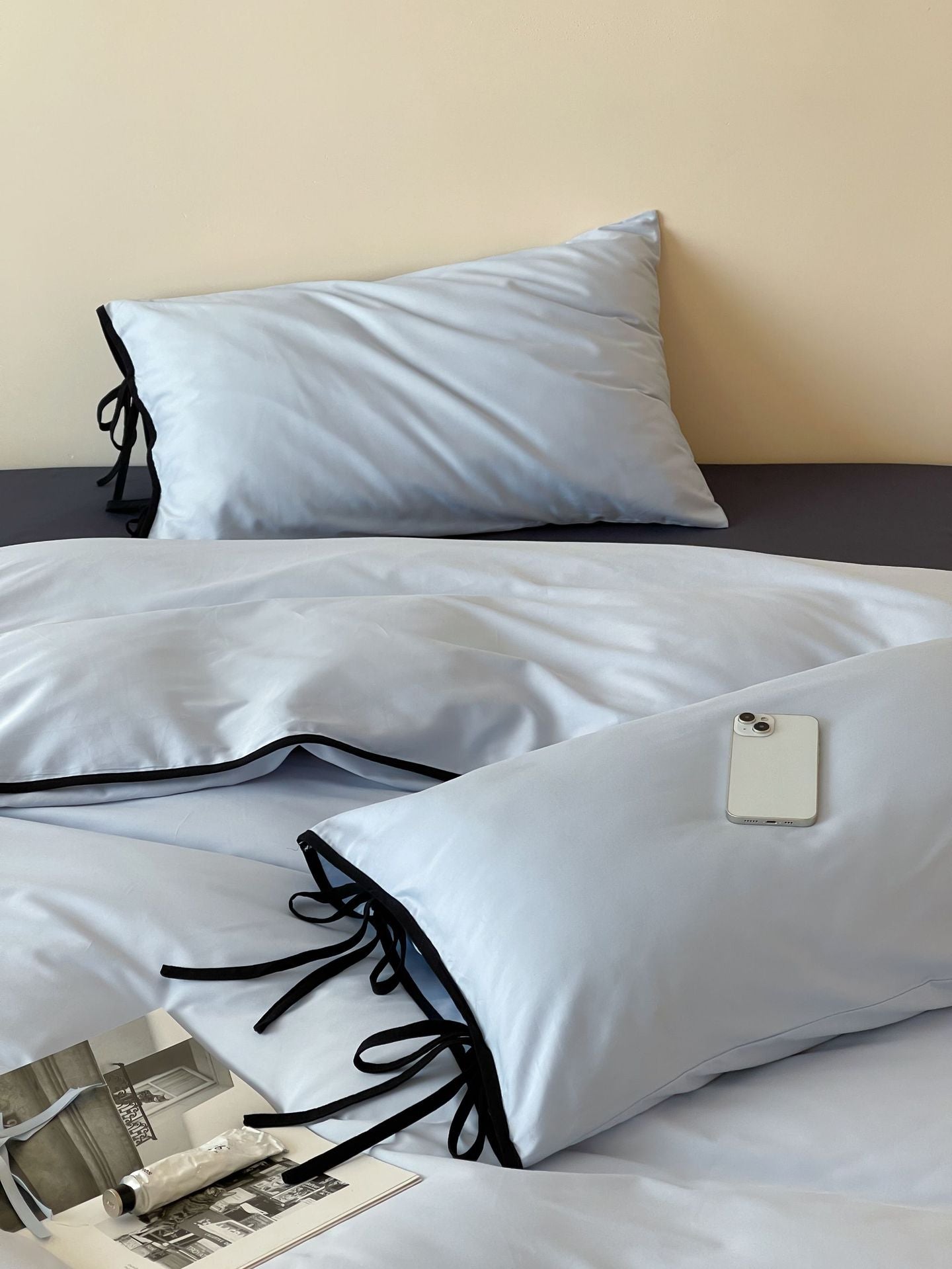 Cotton Tie-Knot Solid Bedding Set - Blue with Navy Blue Ties