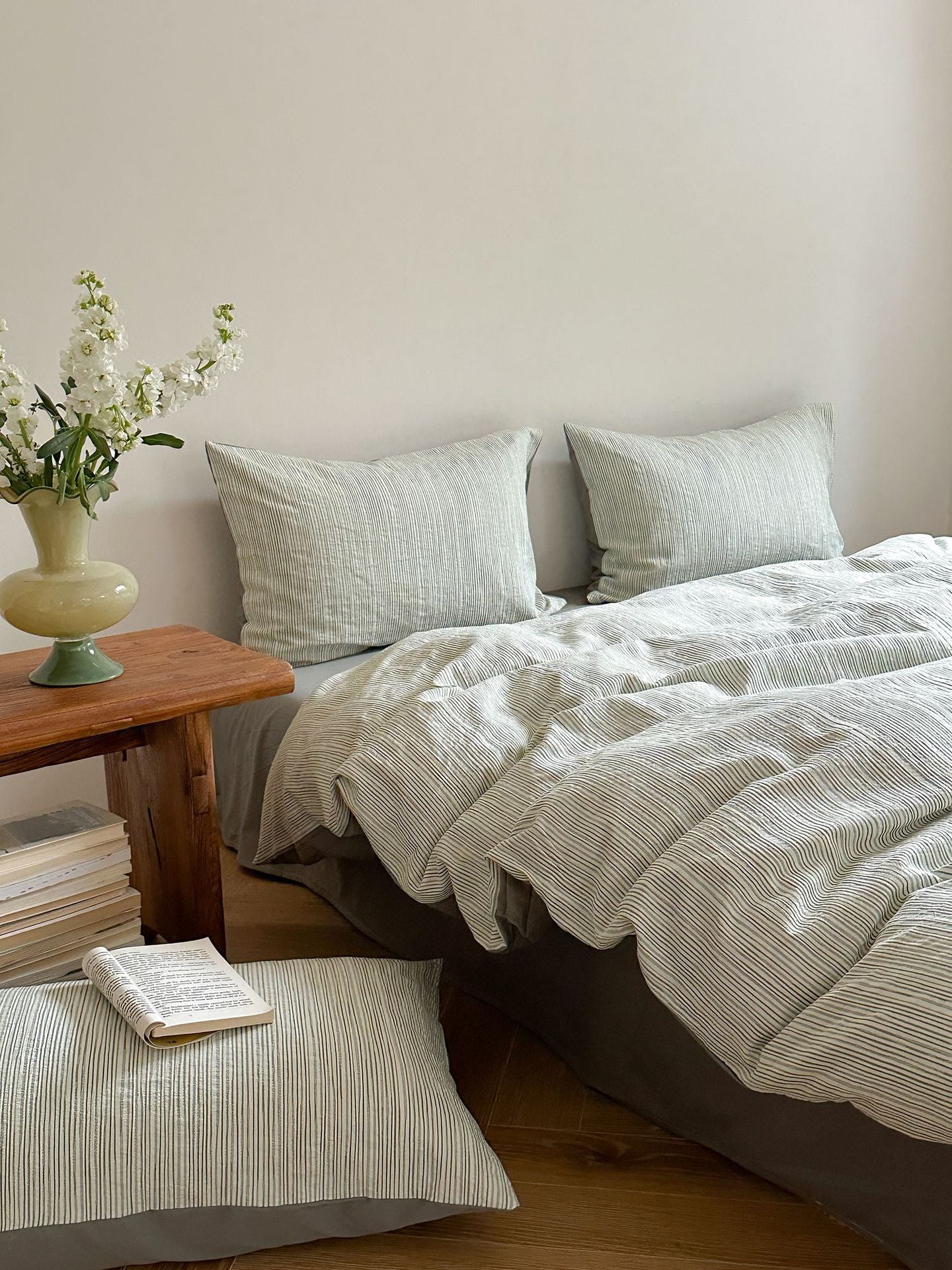 Maribel Striped Washed Cotton Bedding Set - Sage Green