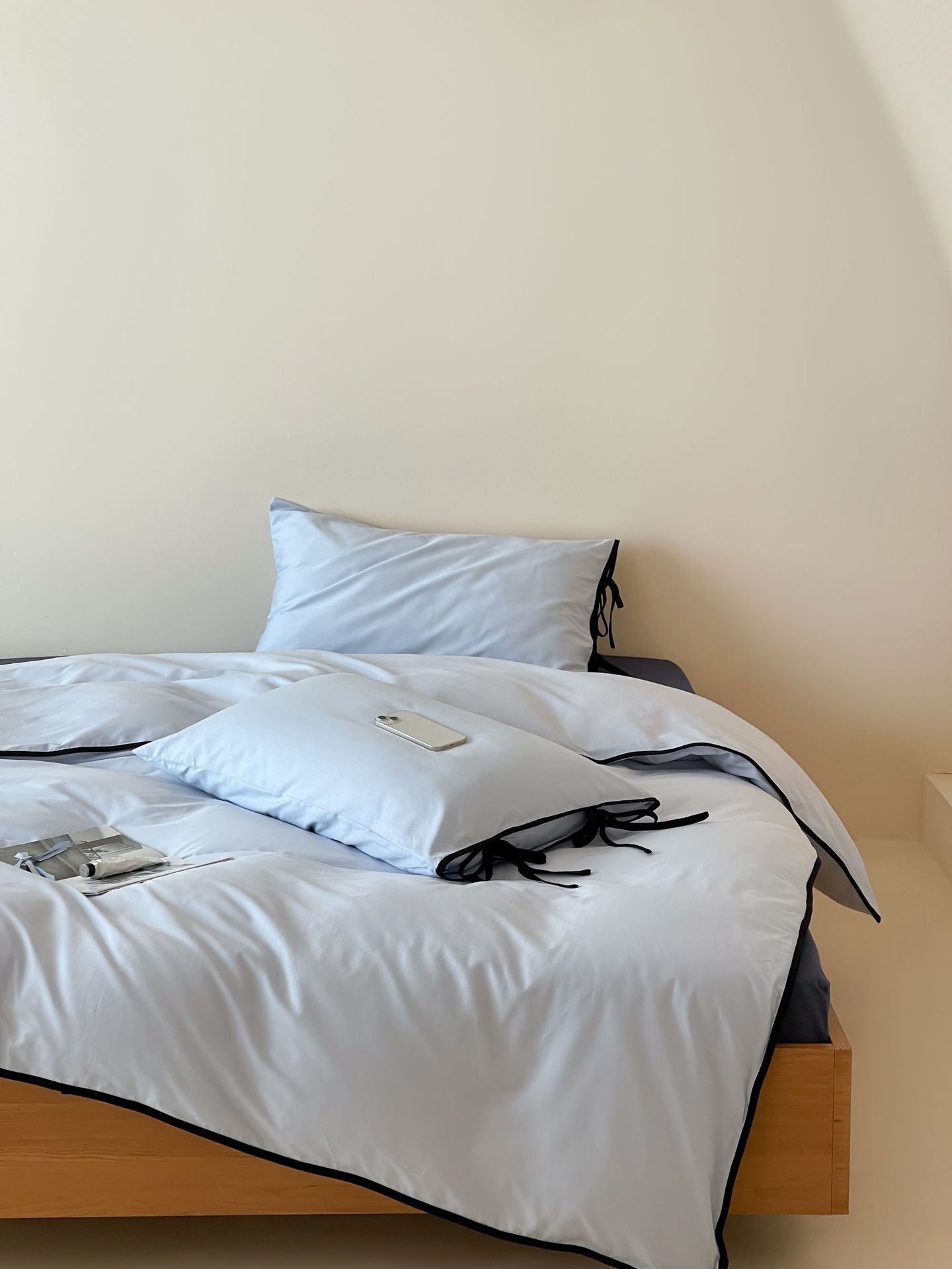 Cotton Tie-Knot Solid Bedding Set - Blue with Navy Blue Ties