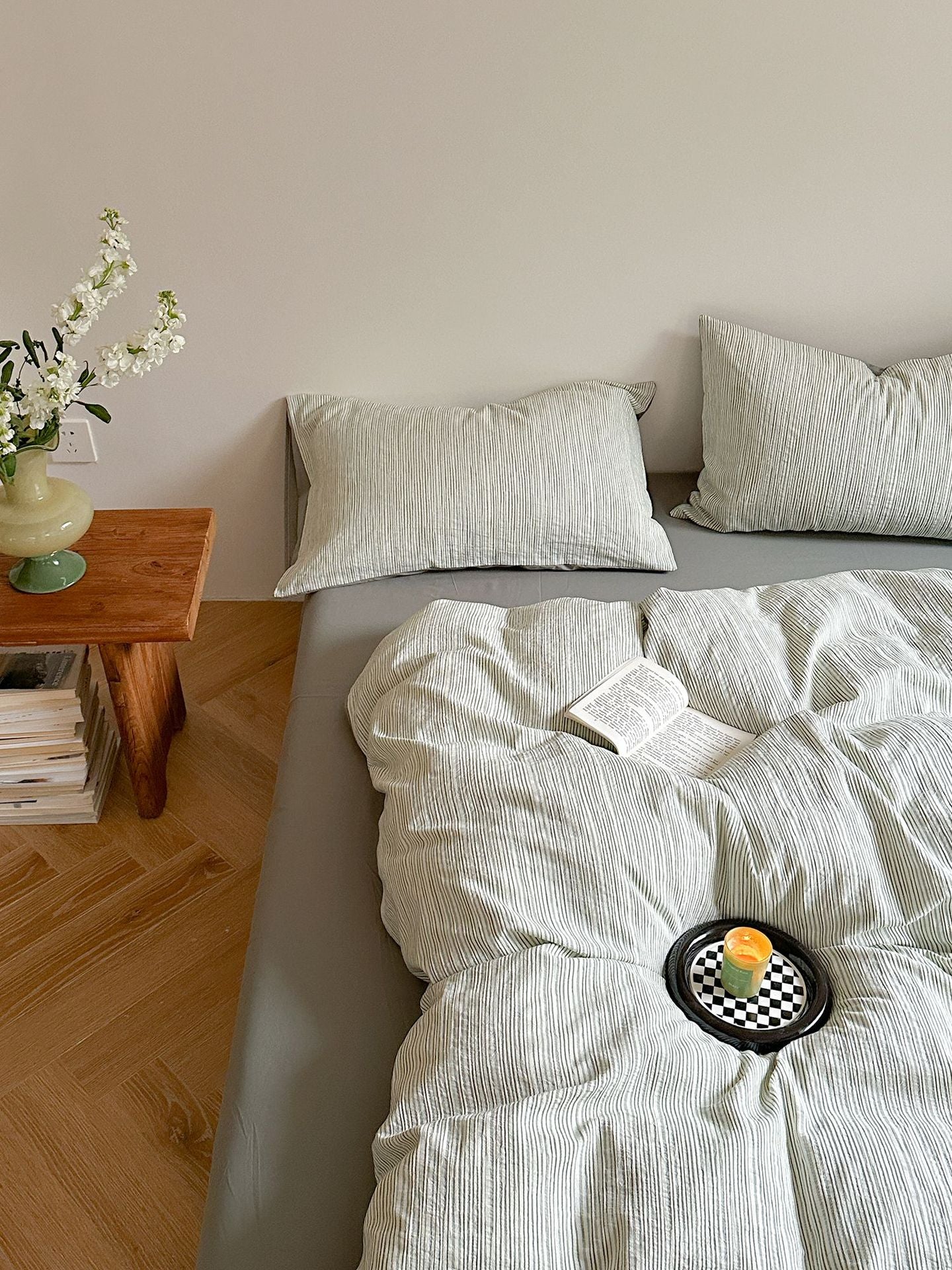 Maribel Striped Washed Cotton Bedding Set - Sage Green