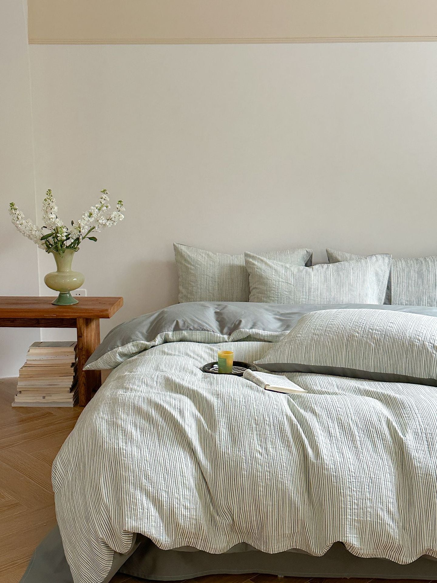 Maribel Striped Washed Cotton Bedding Set - Sage Green