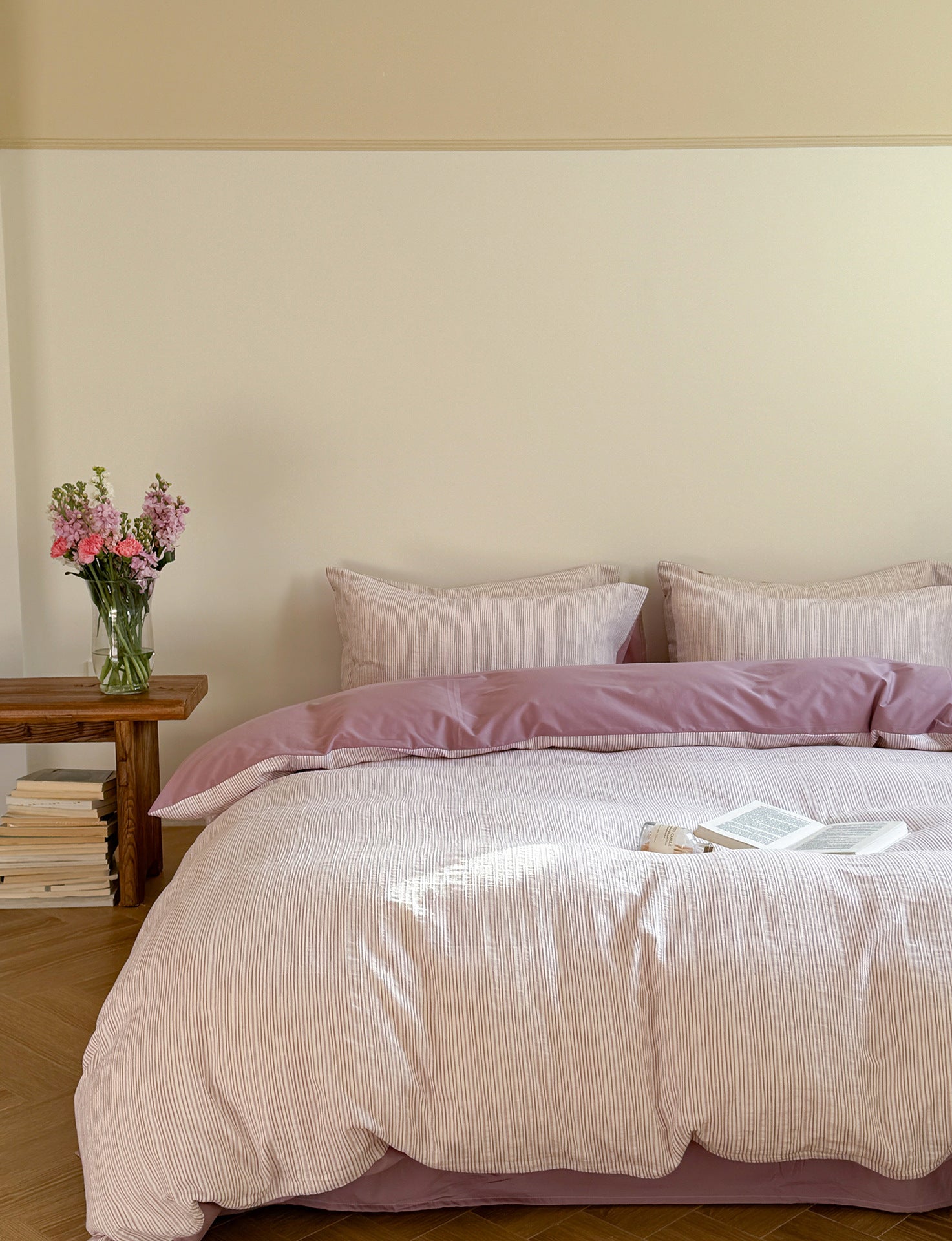 Maribel Striped Washed Cotton Bedding Set - Plum Mauve