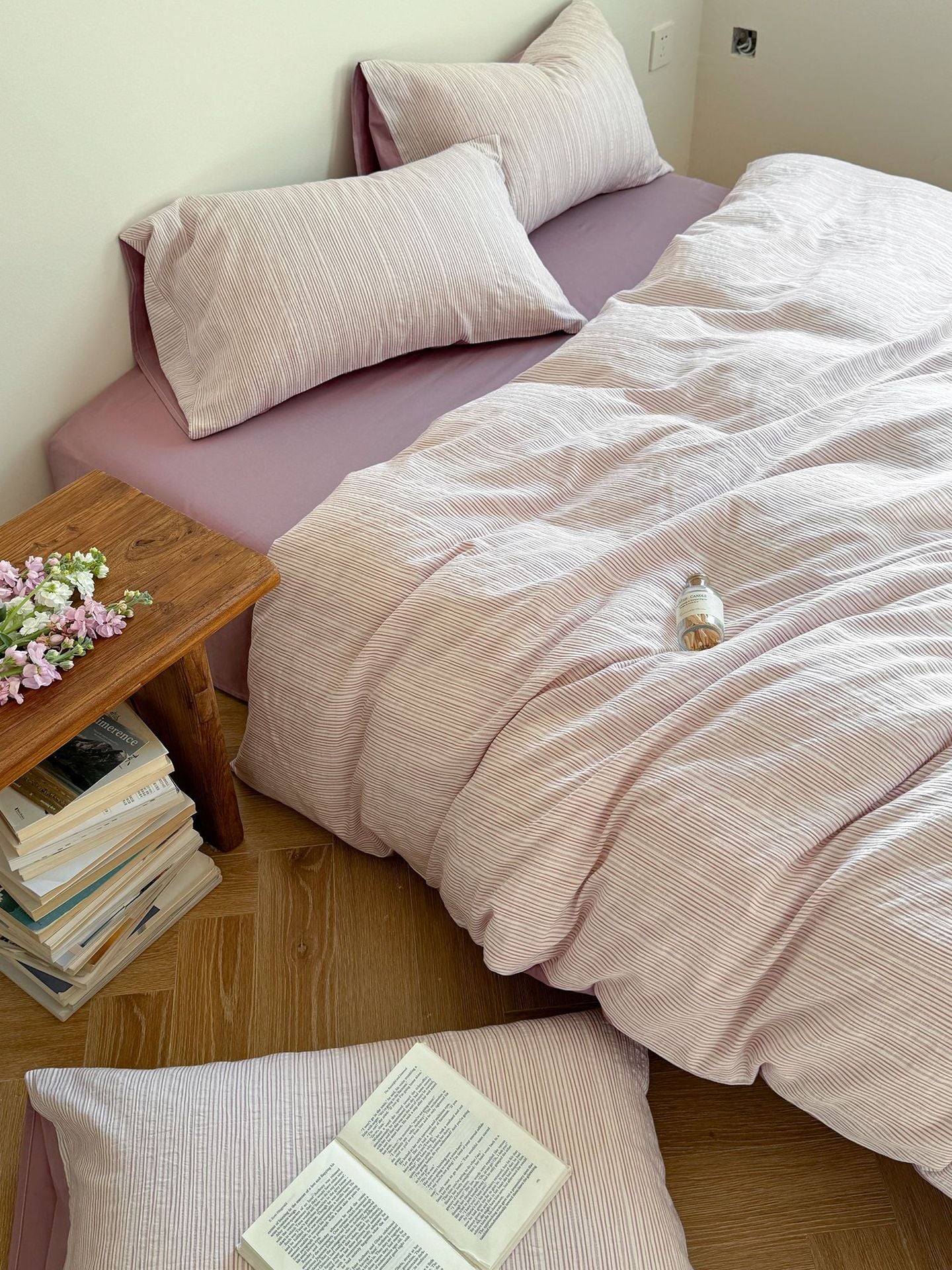 Maribel Striped Washed Cotton Bedding Set - Plum Mauve