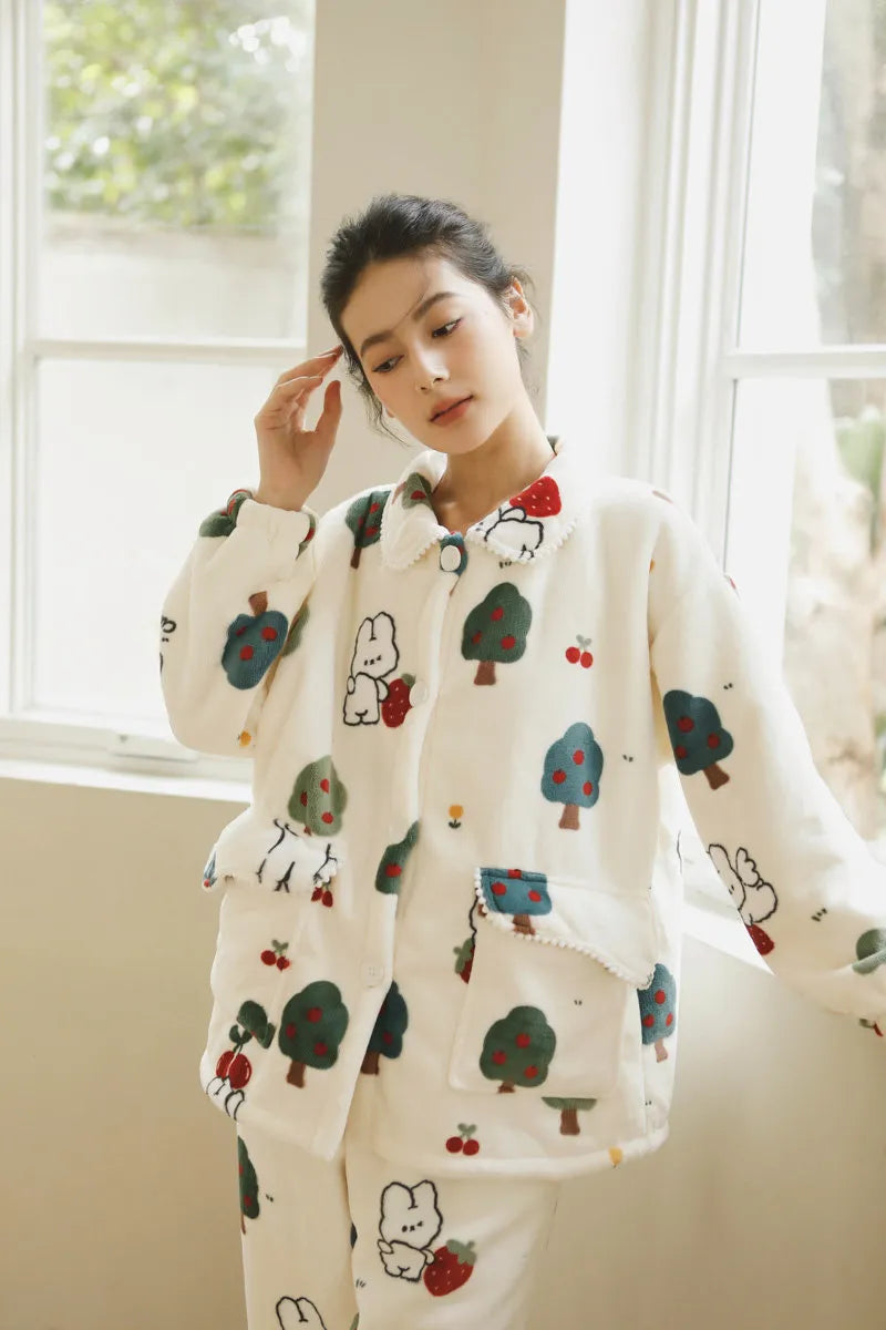 Model wearing Warm Winter Pajama Set posing in a Hygge style room