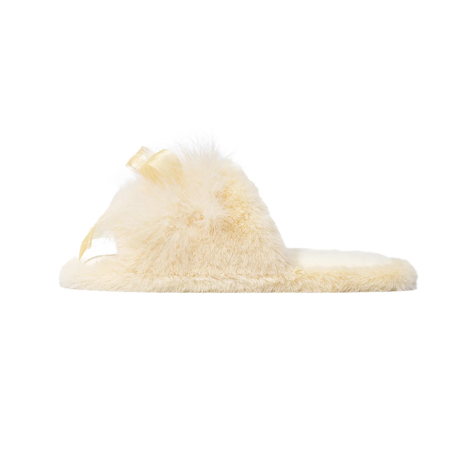 Side profile of Butter Yellow faux fur slippers with satin bow