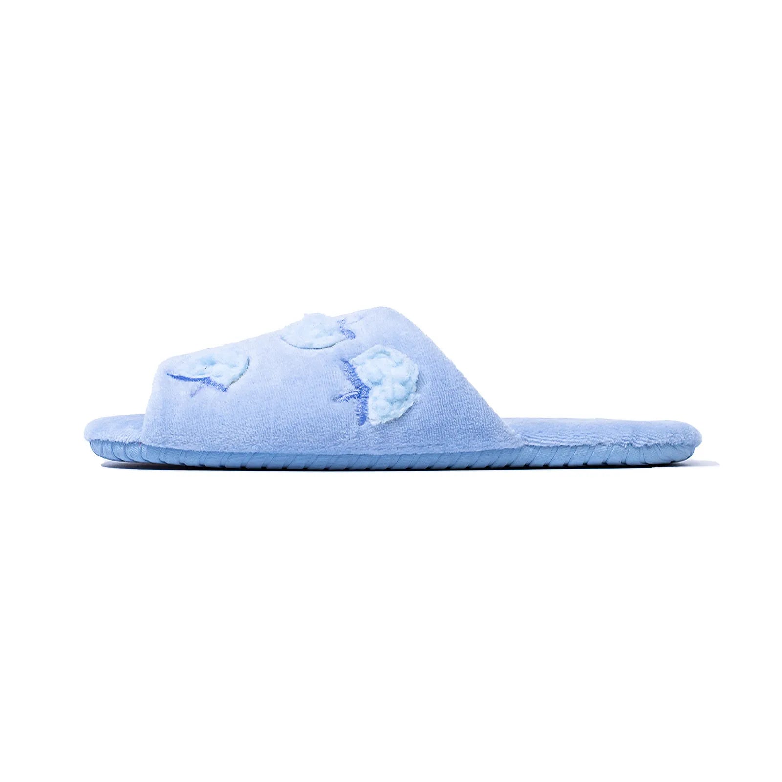 Side Profile View of Blue Fuzzy Slides with Fruit Appliqué