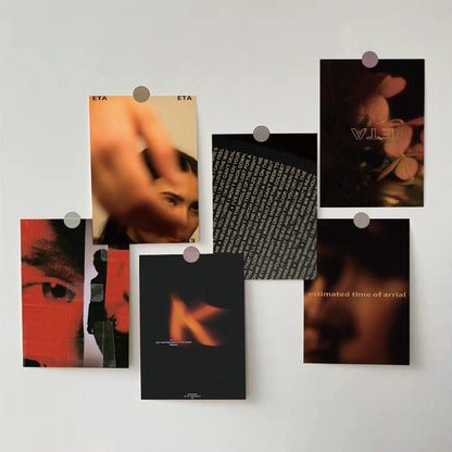 Moody Cinematic Wall Collage Kit arranged on a white wall, showcasing various abstract and photographic prints - RoomDen