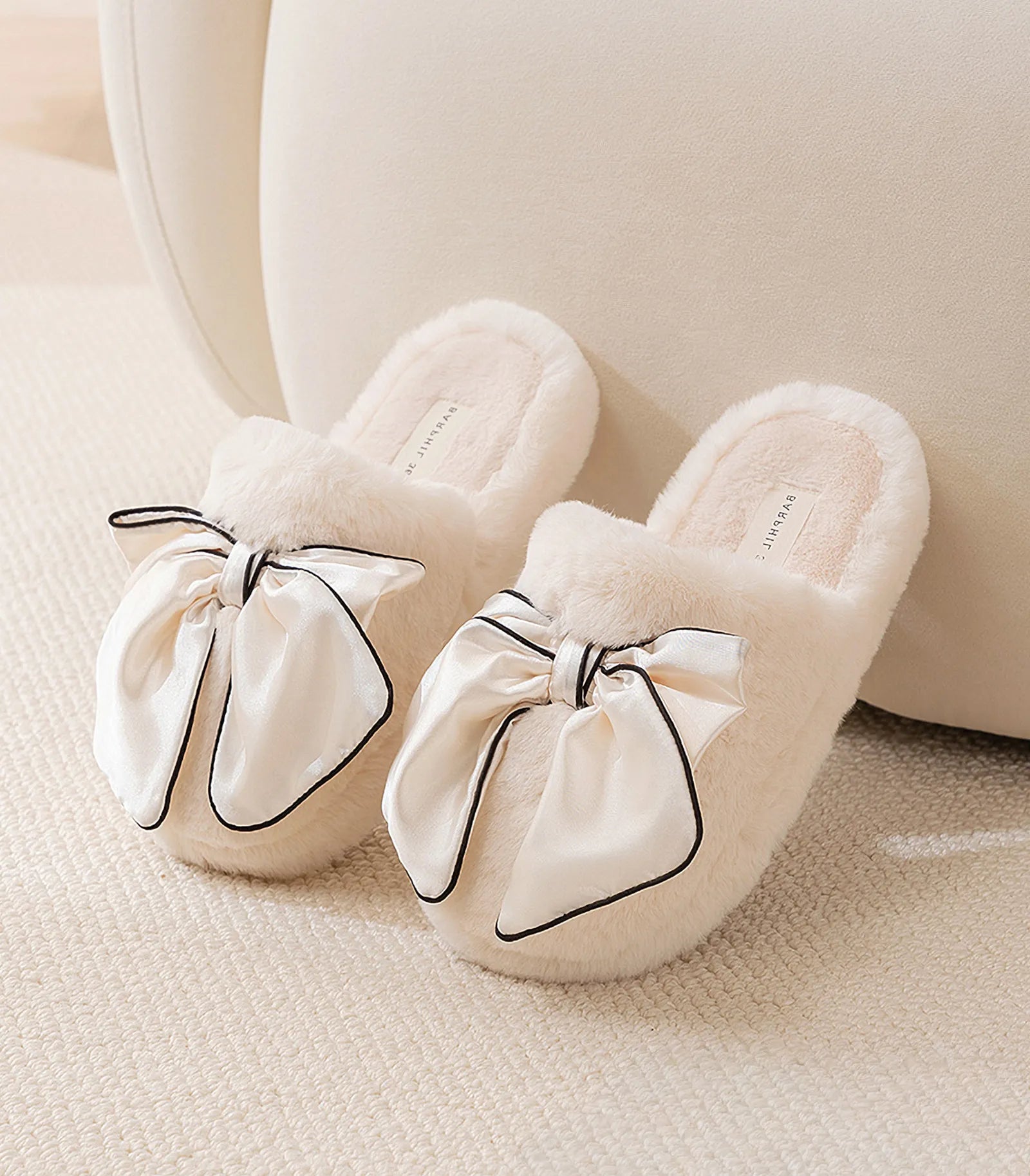 RoomDen Plush Satin Bow Faux Fur House Slippers - Cream Coquette Slides with Black Piping