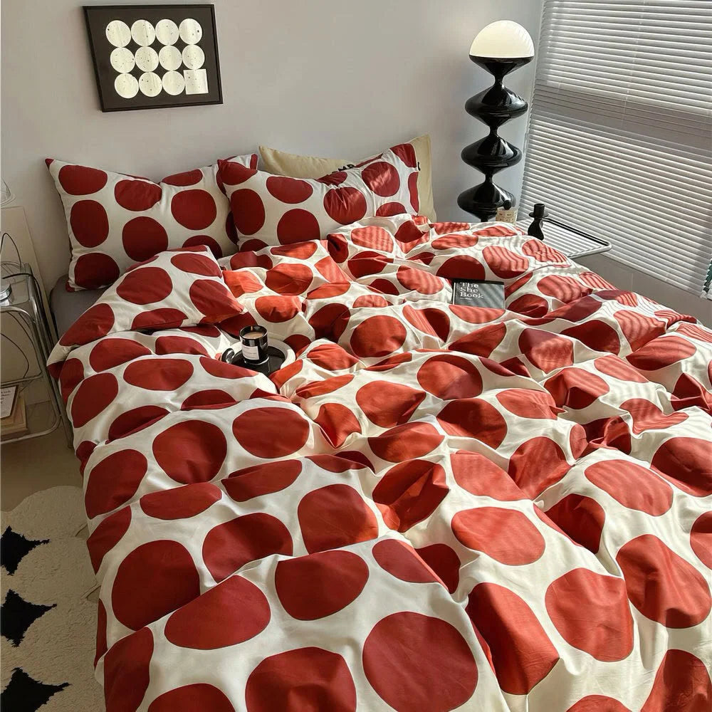 Rust Red Polka Dot Bedding Styling with Modern Decor - RoomDen