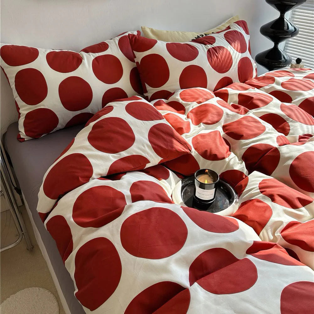 Red Polka Dot Bedding Set Angled View - RoomDen