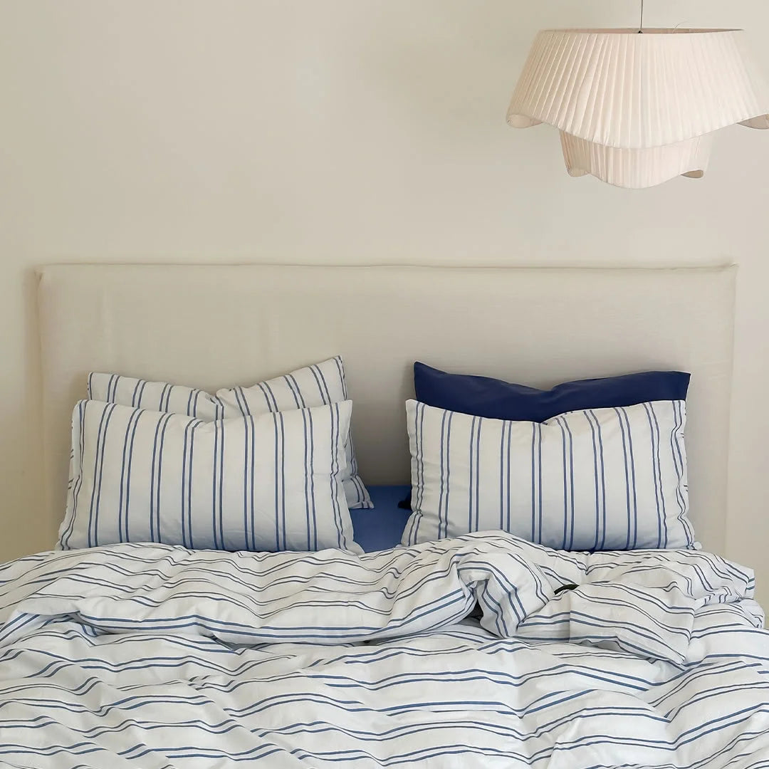 RoomDen Crisp Nautical Pinstripe Washed Cotton Bedding Set - Main View