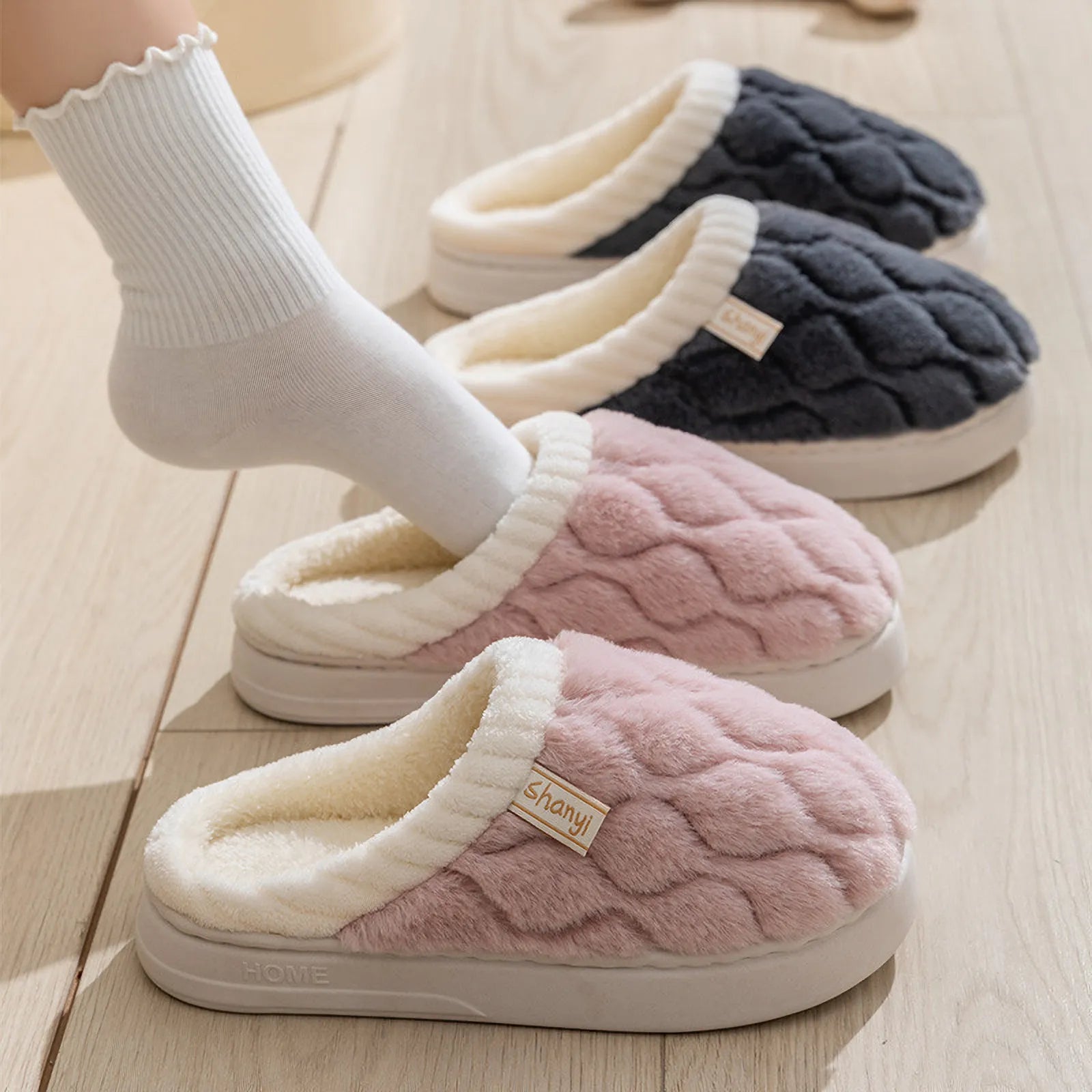 Pink and Grey Plush Diamond Quilted Cotton House Slippers being worn on light wood floor - RoomDen