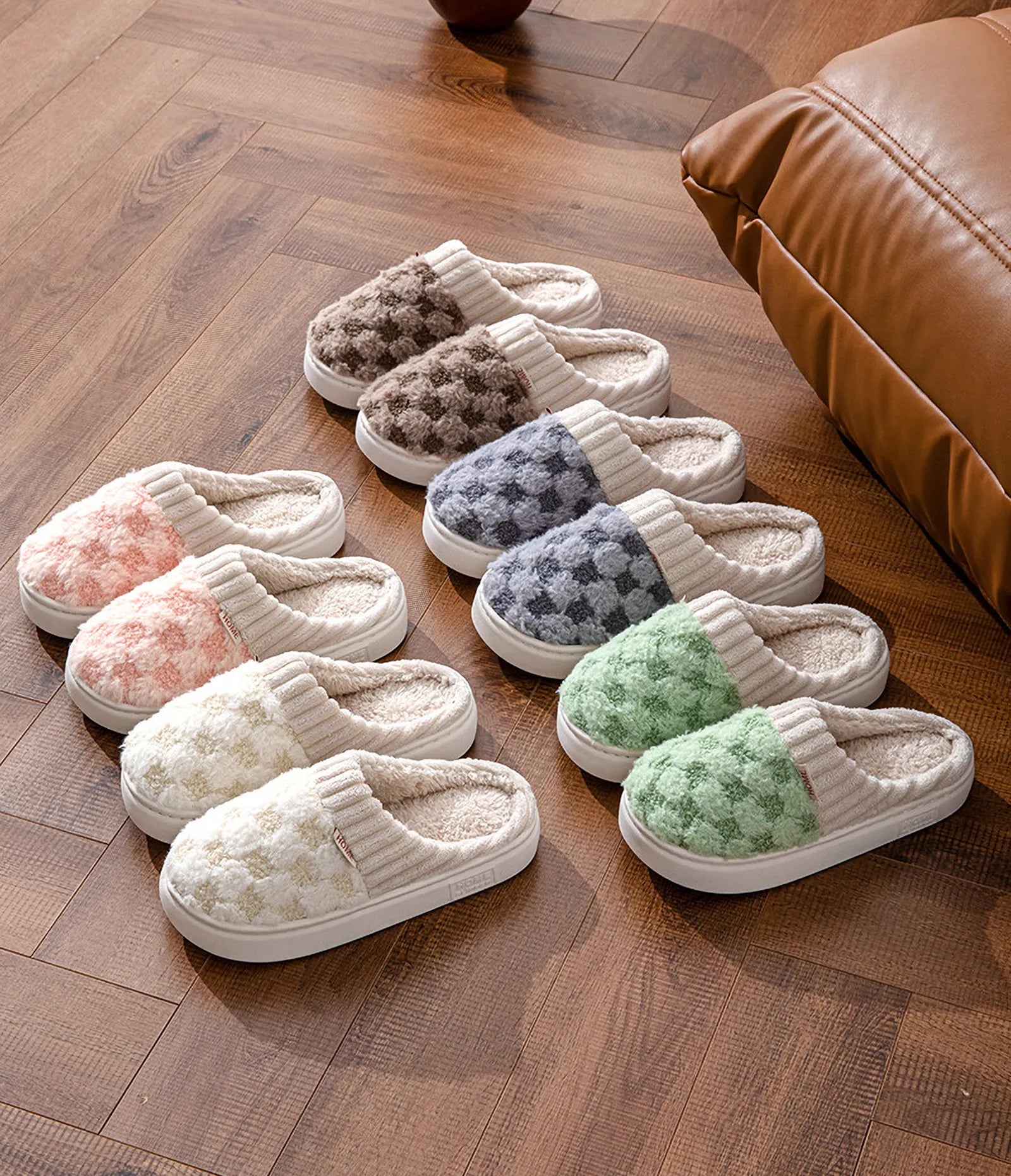 Collection of plush fleece slippers in pink brown green grey and beige - RoomDen