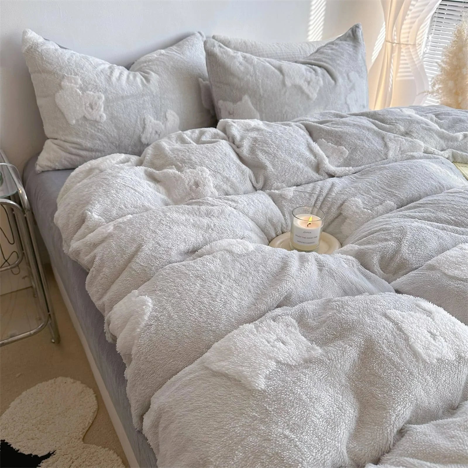 A cozy, inviting shot of the light grey teddy bear flannel fleece bedding set, looking incredibly soft. - RoomDen