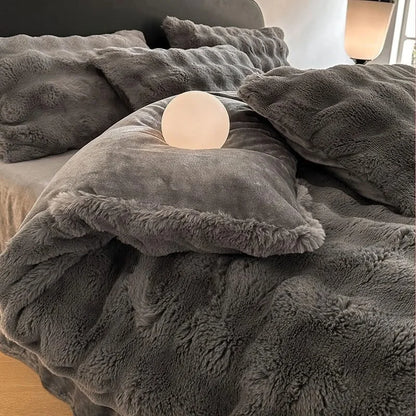 Close-up of the fluffy edge of a pillow sham from the Charcoal Grey bedding set. - RoomDen