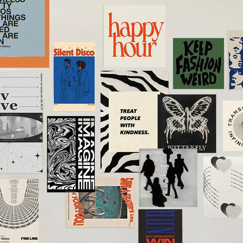 A flat lay arrangement of the Indie Aesthetic Wall Collage Kit, showcasing the variety of graphic and text-based designs - RoomDen