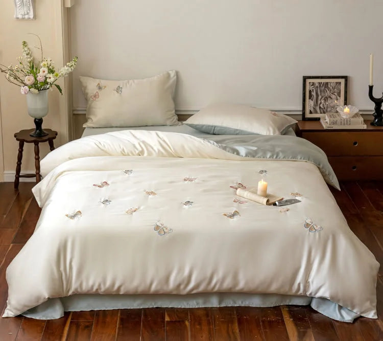 Front-facing view of the bed with the Butterfly Embroidered Tencel Bedding Set, showing the full design.