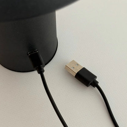 Detail shot of the Type-C charging port on the base of the black mushroom lamp - RoomDen.