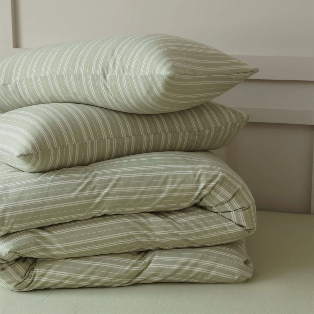Denby striped jersey cotton bedding set in sage green, view 5