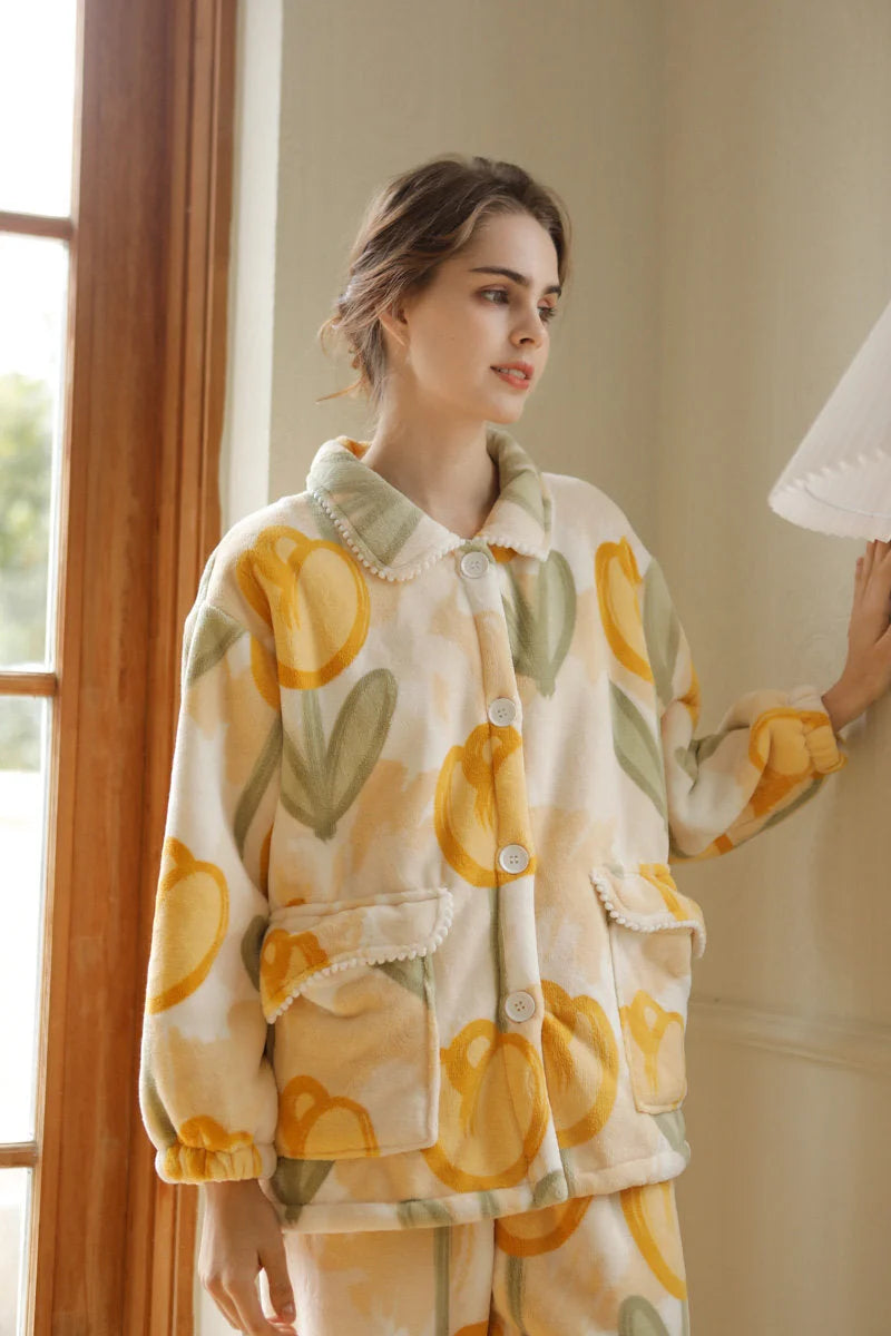 RoomDen Cottagecore Style Button Down Pajama Top with Yellow Tulips