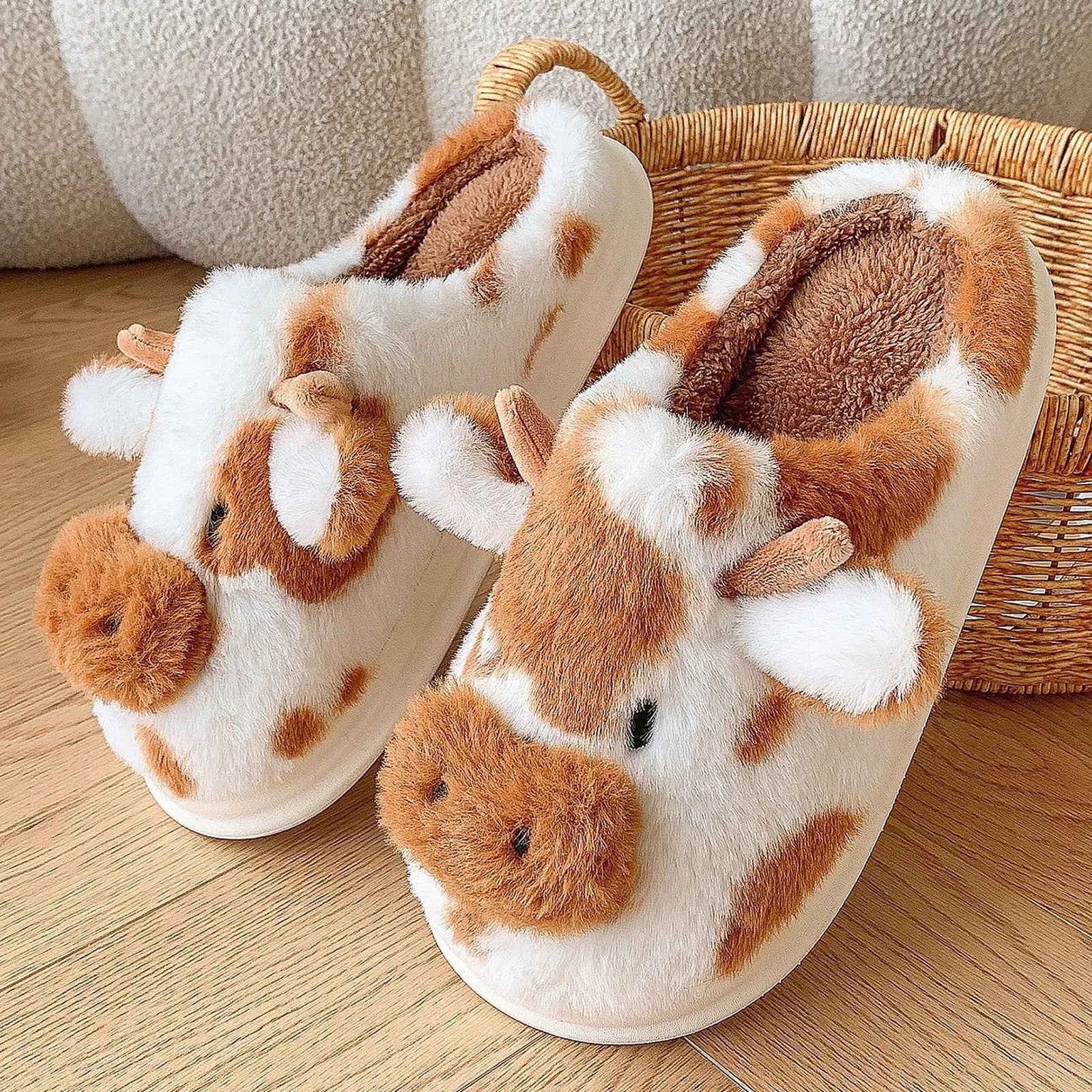 Close-up detail of Brown and White Cow Print slipper showing 3D horns and fuzzy texture - RoomDen.